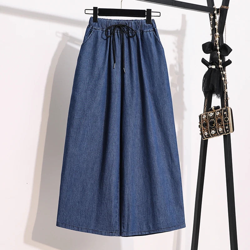 Loose Waist Dstring Denim Wide Leg Pants Women's plus Size Slimming Casual Straight Workwear Seven-Foot Pants Summer