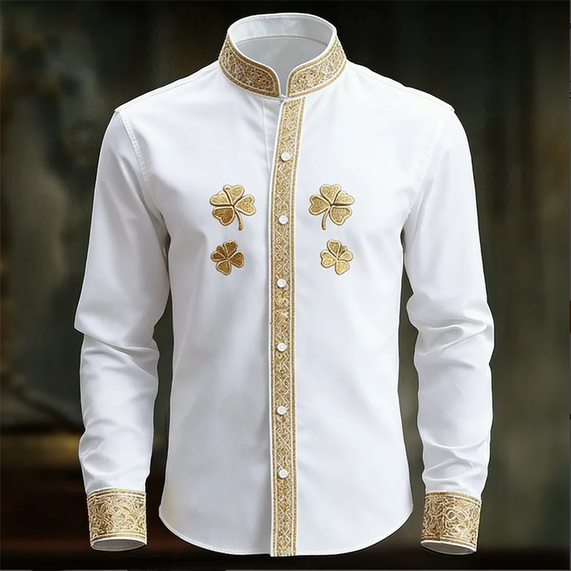 New Men's Floral Long Sleeved Shirt with Gold 3D Clover Print, Fashionable and Luxurious Long Sleeved Shirt Top