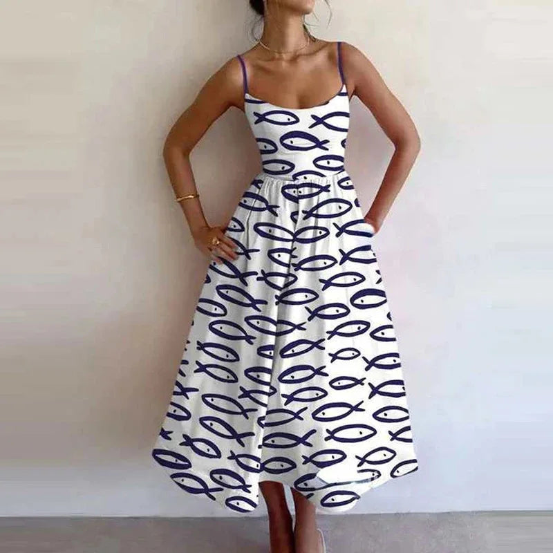 Summer U-neck Casual Female Vintage Elegant Spaghetti Strap Dress Women Elegant Solid Sleeveless A-line Midi Women's Dresses