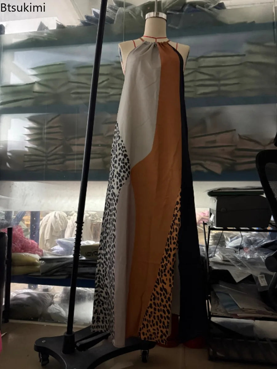 2026 New Women's Patchwork Animal Print Elegant Party Dresses Summer Halter Split Hem Long Dress Sleeveless Vacation Maxi Dress