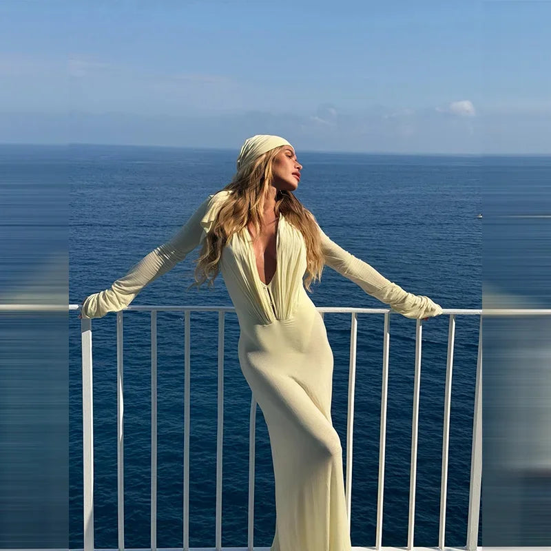 Luxury See Through Mesh Bodycon Maxi Dress For Women Lady Long Flared Cuff Deep V Neck Pleated Beach Holiday Evening Party Gown