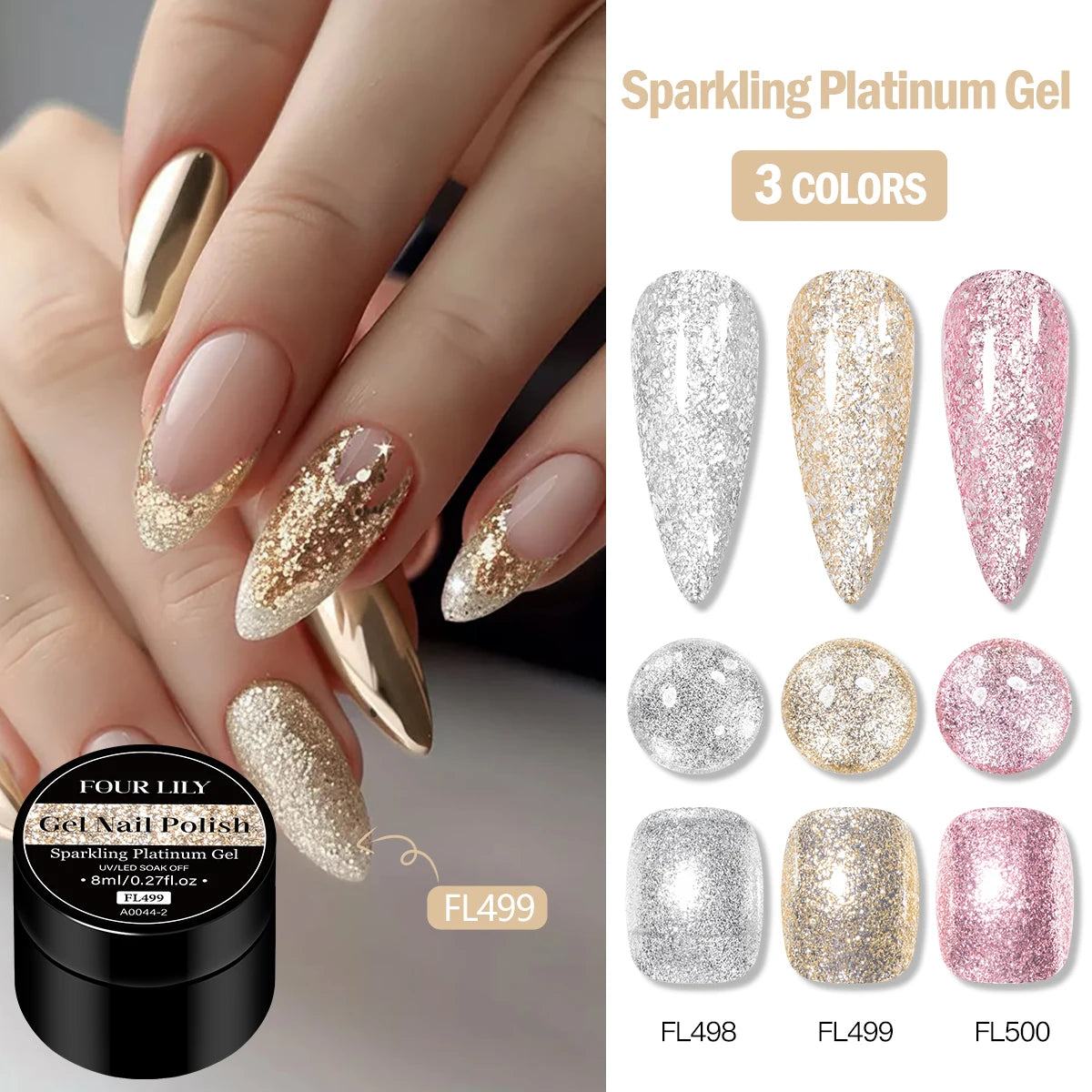 FOUR LILY 8ml Pink Glitter Sequins Gel Nail Polish Shiny Sparkling Platinum Semi Permanant Soak Off Nail Art Varnish Manicure