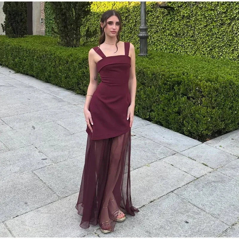 Boho Chic Elegant Mesh Patchwork Sling Dress Sexy Loose Sleeveless Split Scarf Long Dress Female 2026 New Party Evening Dresses