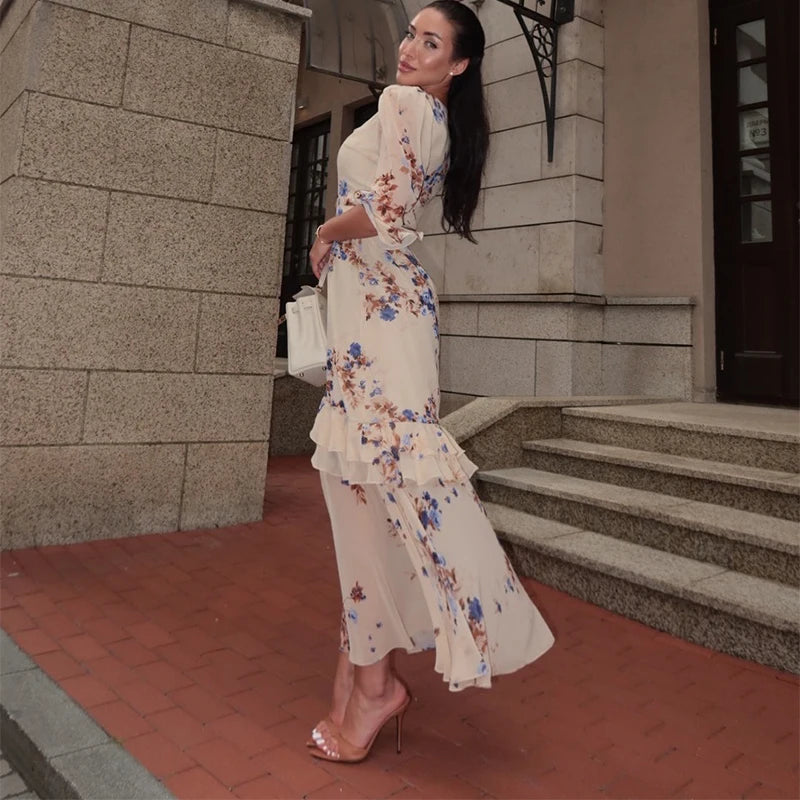 Sexy Print Women Long Dress Urban V-neck Single Breasted Ruffles Half Sleeve Female Dresses 2026 Spring Autumn Lady Robe