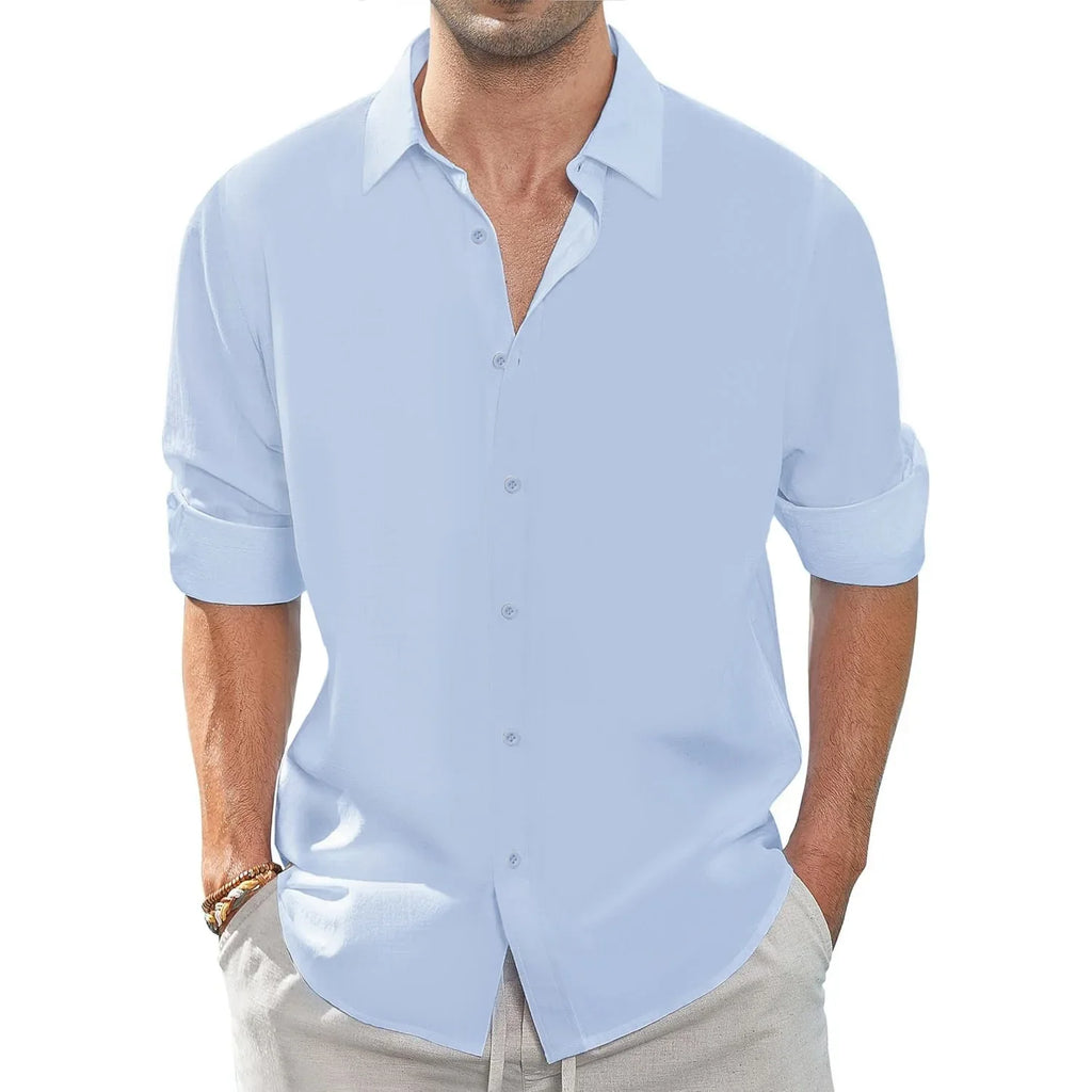 Spring Fall Men's Shirt Long Sleeve Lapel Collar Solid Color Basic Style Casula Breathable Lightweight Simple Fahion Shirts