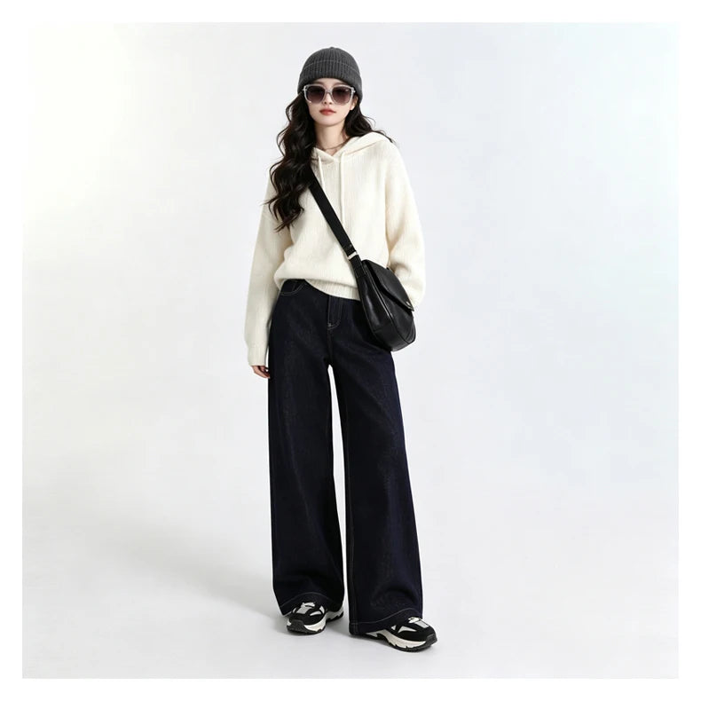 Raw Denim High Waist Wide Leg Draped Jeans Women Vintage Loose Slim Versatile Commute Long Trousers