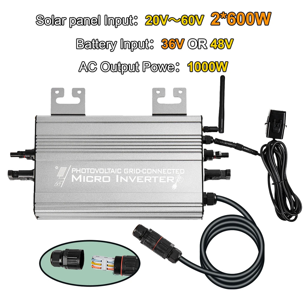 1200W/1000W/750W GS Hybrid Micro Inverter for Solar Pane & 36V/48V Battery Grid-Tie with Zero Export 180-265V AC | WiFi, IP65