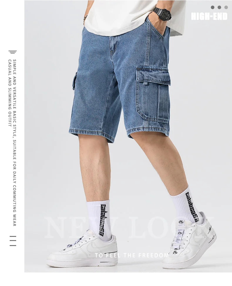 Men's Fashion Cargo Denim Shorts Summer Streetwear Multi-Pocket Casual Knee Length Stretch Five-Point Jeans Shorts Male Trendy