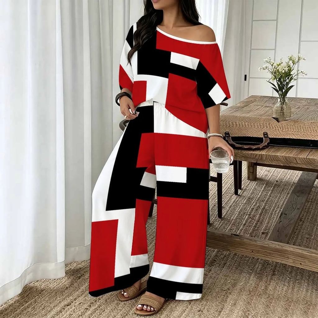 Plus Size Women Spring/summer Fashion Print Two Piece Off-shoulder  Round Neck T-shirt Casual Vacation Long Pants