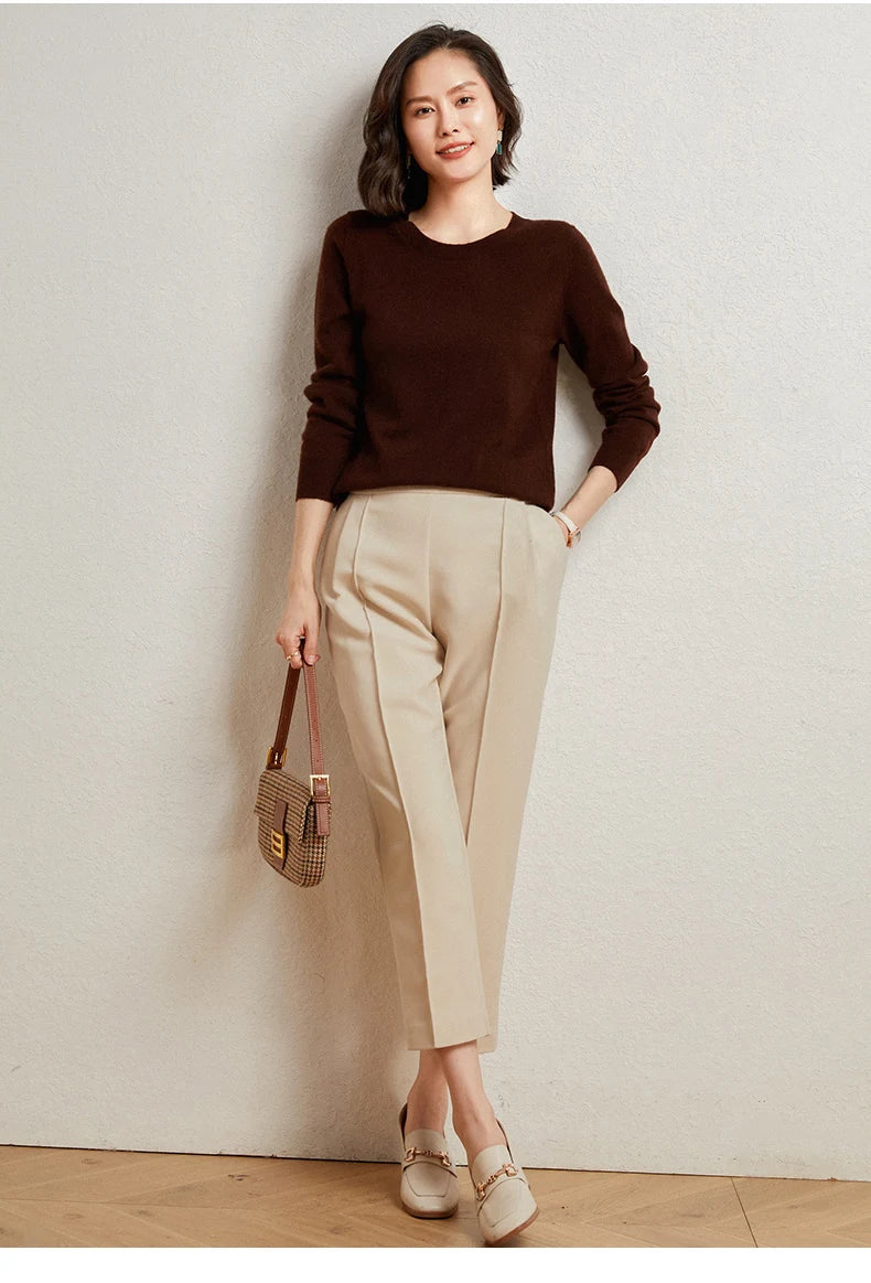 100%Merino Pure Wool Pullover Sweater For AutumnWinter Women's Round Neck Warm High-Quality Solid Color Basic Knitted Jumper Top