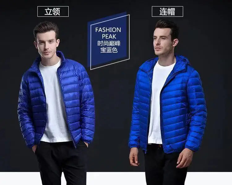 Down Cotton Coat Man 2025 Light Feathered Cotton Jacket Winter Slim Hooded Stand-Up Collar Solid Color Warm Clothing