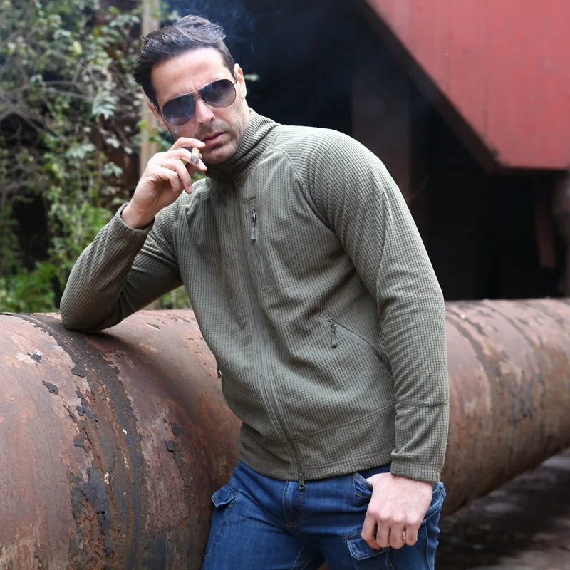 Men's Tactical Grid Fleece Jacket Full Zip Stand Collar Warm Windproof Outdoor Hiking Fishing Fleece Coat Base Layer
