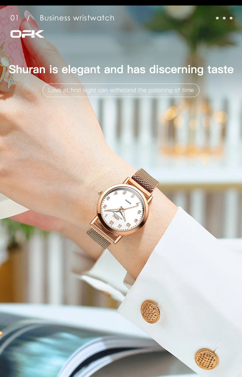 OPK 8115 Women Watch Fashion Business Simple Stainless Steel Mesh Belt Waterproof Luminous Women Watch Elegant Dress Women Watch
