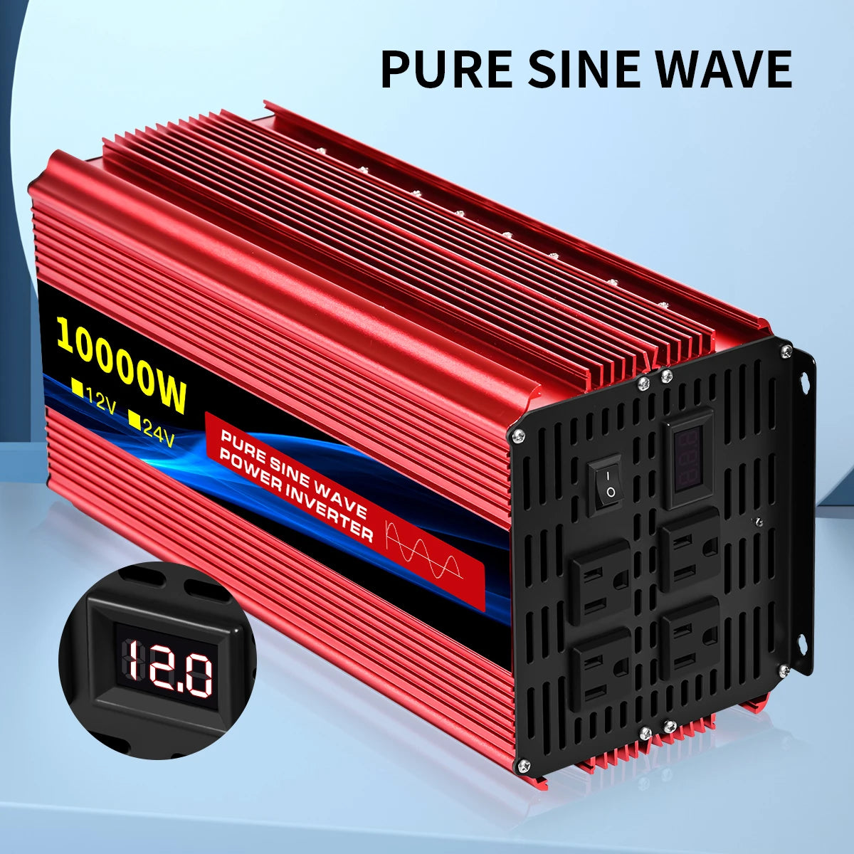 Power Inverter 10000W DC 12V to AC 110V 60HZ Pure Sine Wave Inverter with LCD Display Remote Control 4AC Outlets