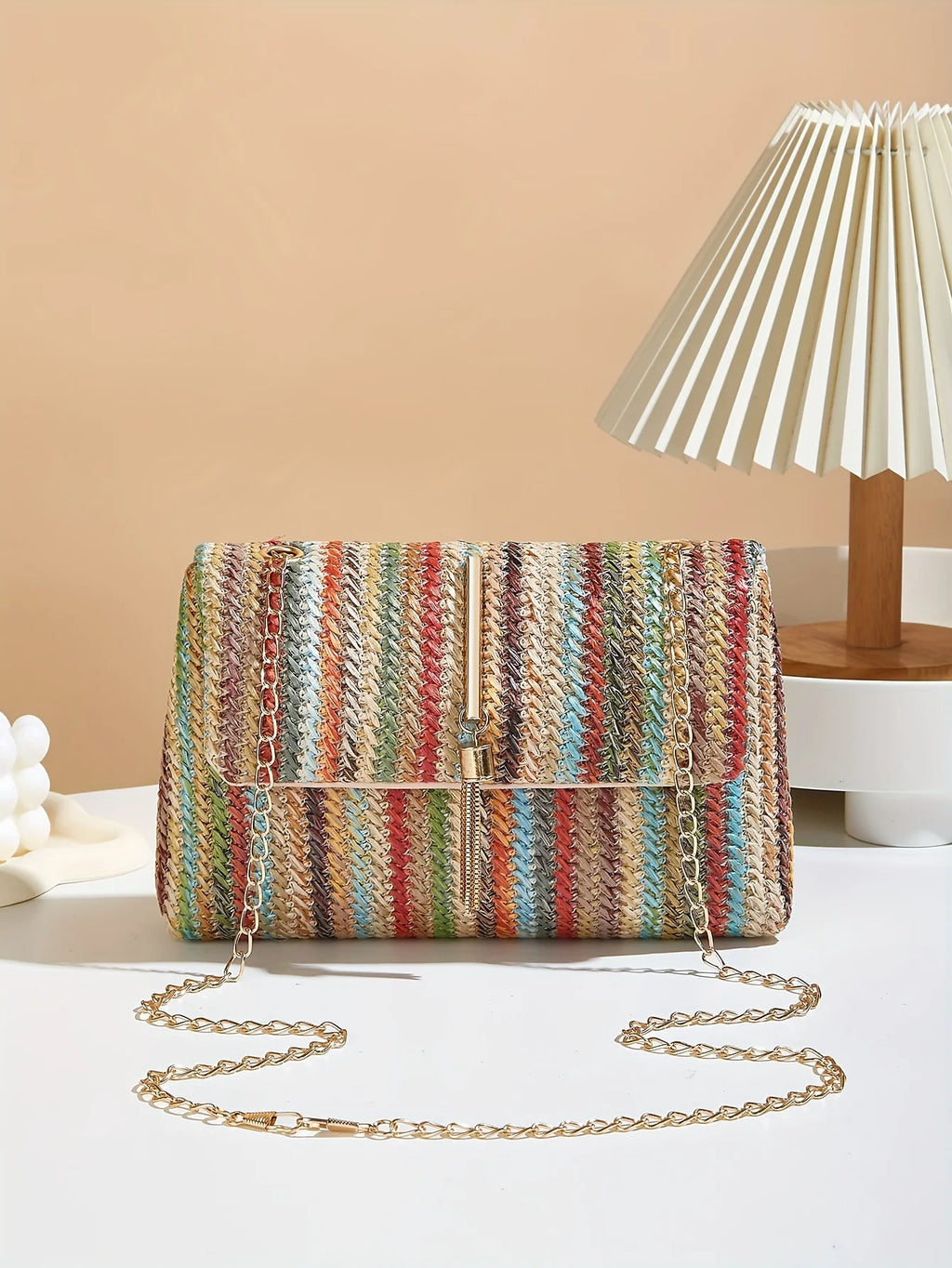 Chic Rainbow Stripe Straw Crossbody Bag for Women Adjustable Shoulder Strap Magnetic Closure Tassel Accent, Fashion Square Purse