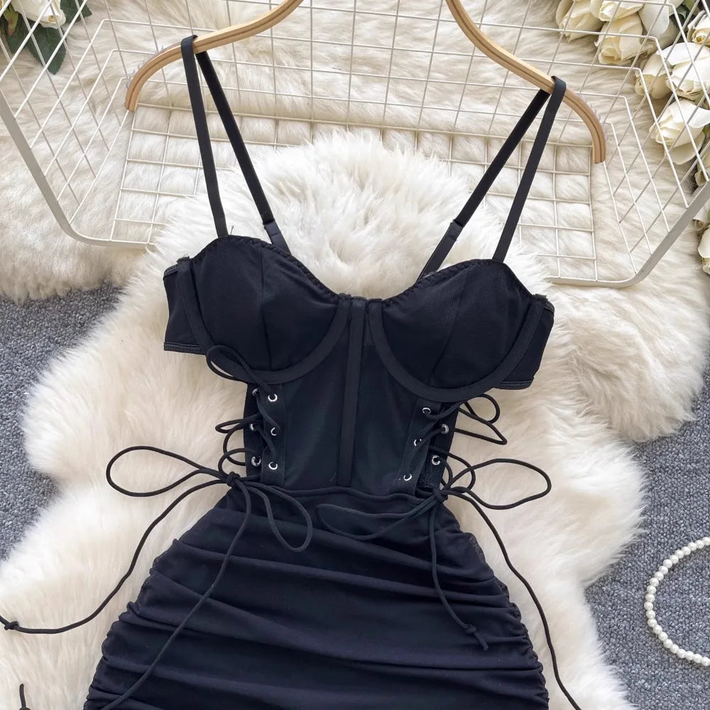 Foamlina Ins Sexy Hollow Out Sling Dress with Exposed Waist Bandage Pleated Slim Fit Bodyocn Girl's Photo Date Short Dress