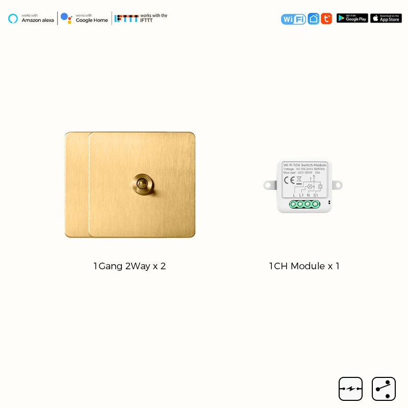 Avoir Tuya Smart Life Home Control Mini Wifi Module Wireless Gold Light Switches 1-4 Gang 2 Way Alexa Rocker Toggle Switch 220V