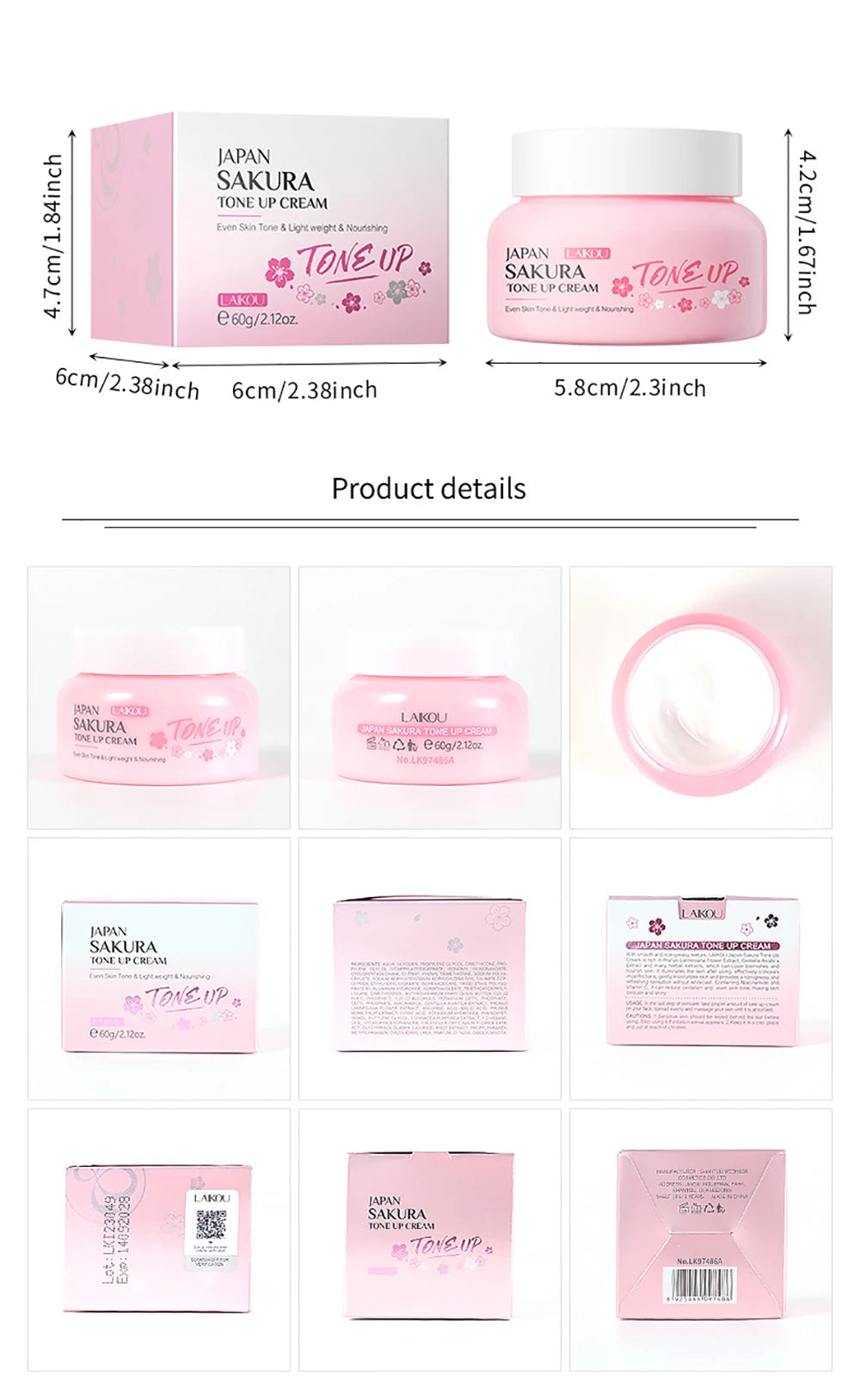 LAIKOU Japan Sakura Original Tone up Cream Moisturizing Nourishing Skin Face Cream Brightening Cream Face Skin Care 60g
