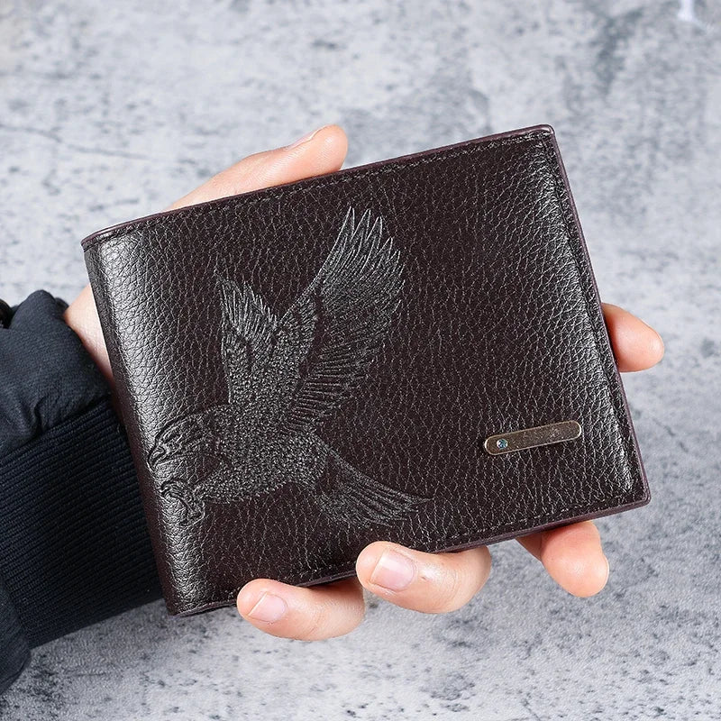 Men Slim Short Wallet Soft‑Leather Eagle‑Pattern High‑Appearance Coin Purse Card Holder For Student Youth Daily Travel Storage Accessory