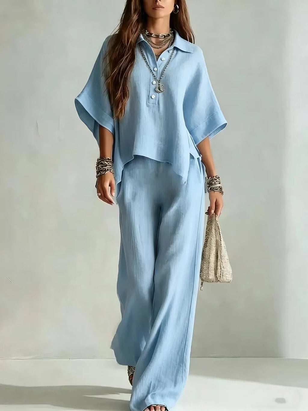 New Solid Color Pants Set 2026 Summer Loose Half-sleeved Shirt Loose Wide-leg Trousers Two-piece Set Fashion Vacation Suit