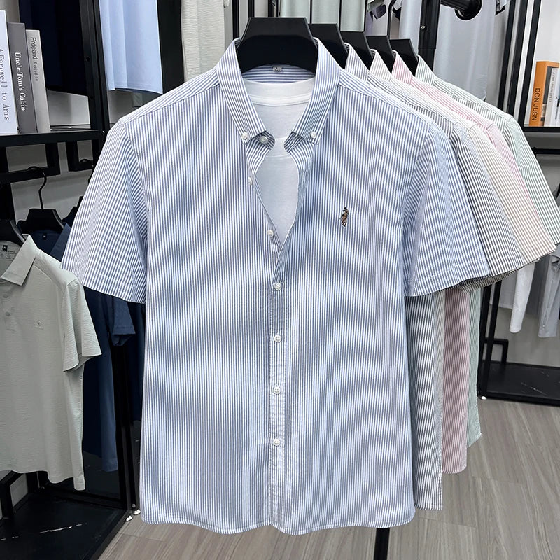 100% Pure Cotton Short Sleeved Shirt 2026 Summer New Men's Button Up Lapel Fine Stripe Middle-aged and Young Half Sleeved Shirt