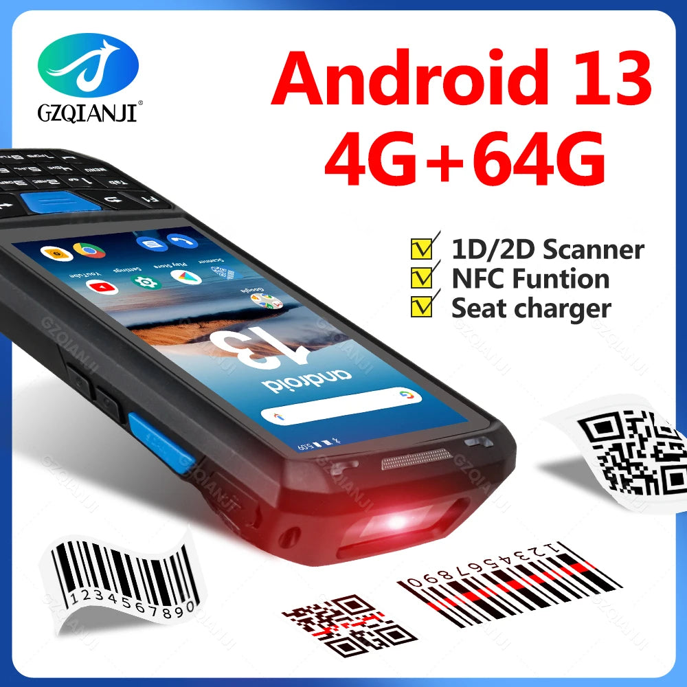 4G 64G Android 13 Terminal Handheld Mobile Rugged PDA with Bluetooth Wifi 1D 2D Barcode Scanner Reader GPS Warehouse Code Read
