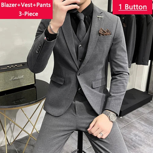 Blazer Vest Pants Men's Navy Blue Suit Set Slim Fit Blazer Vest Pants Formal Outfit for Business Wedding Office Groom Party