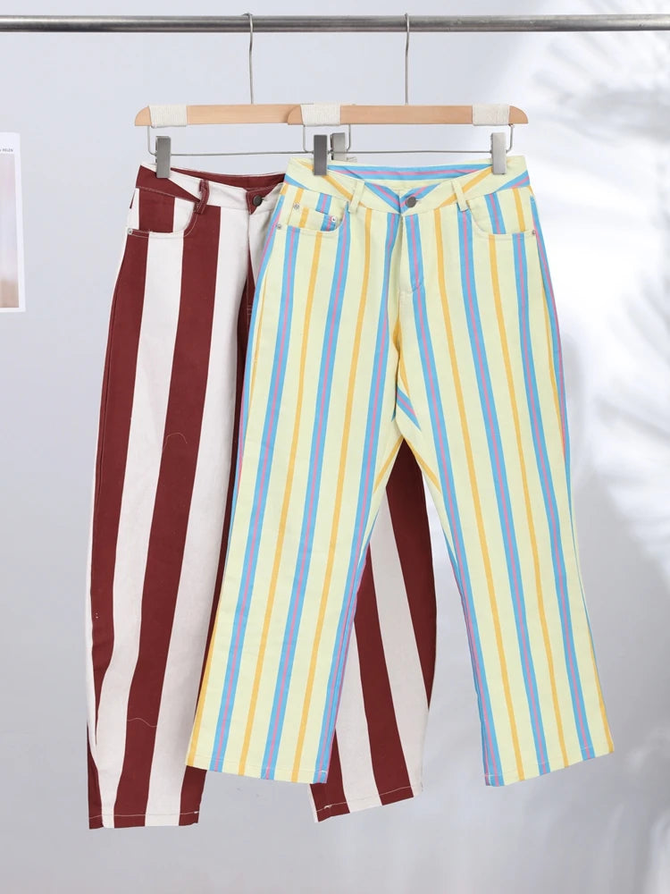 Colorful Striped Wide Leg Trousers Women Bohemian High Waist Multi-color Panelled Slim Straight Pants Fashion Lady Beachwear New