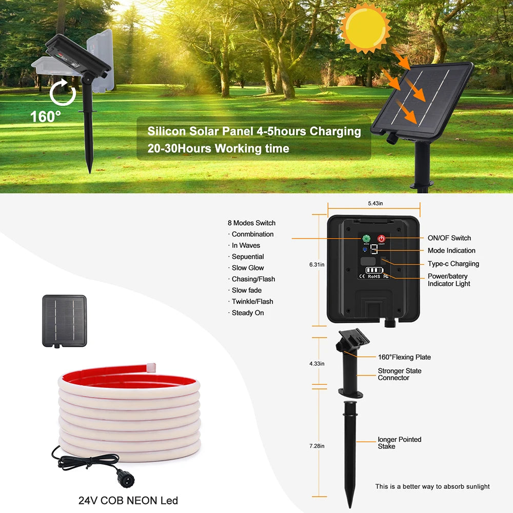 Solar Neon Light Strip 24V COB Waterproof IP68 Flexible LED Tape Red Green Blue Warm White 320LED/m High Density Linear Lighting