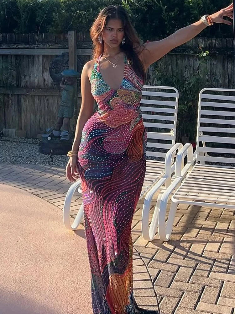 Cutenw Backless Diamond Print Dress Women Trend Split Colorful Halter Sexy Deep V-Neck Elegant Birthday Party Stretch Vestidos