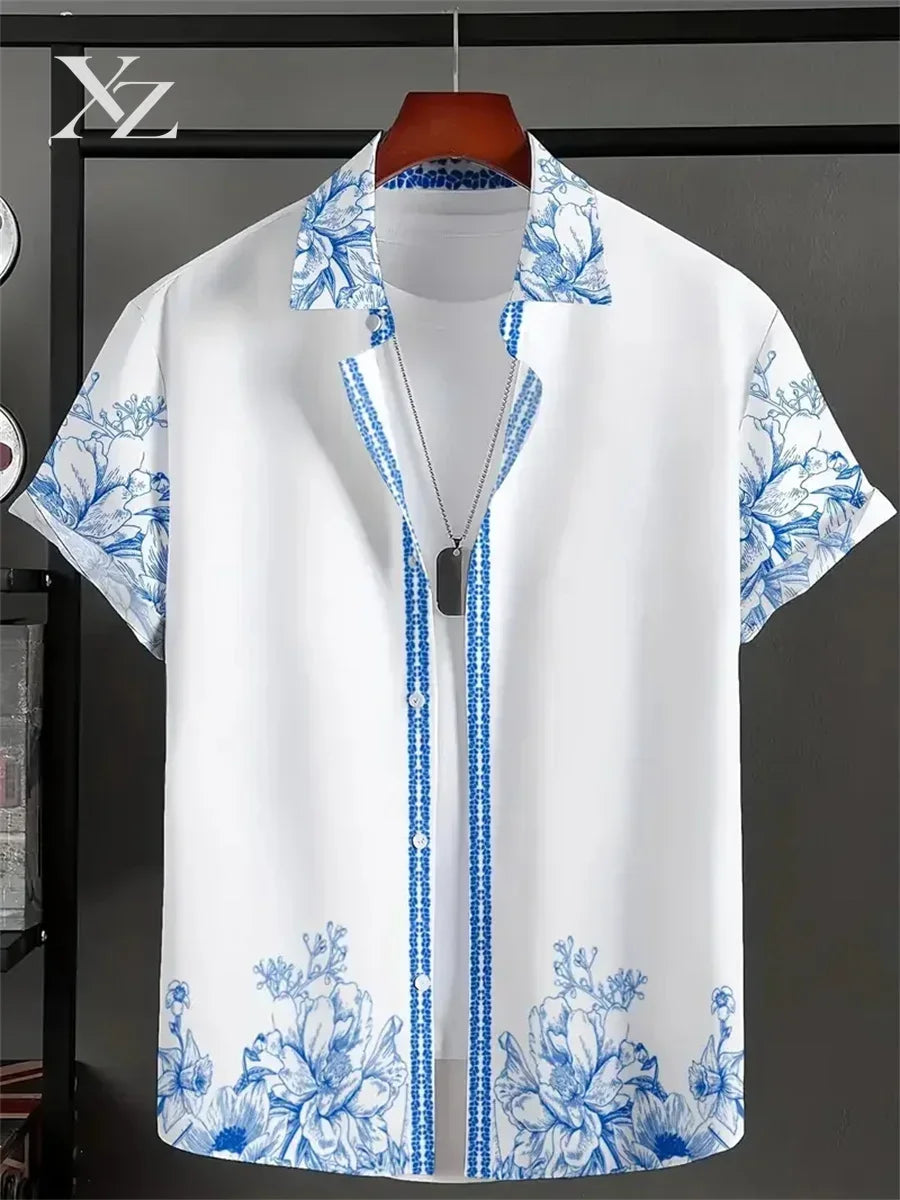 Men's Short-Sleeve Casual Loose-Fitting Lapel Hawaiian Shirt with Blue and White Porcelain Floral Print, New Summer Shirt