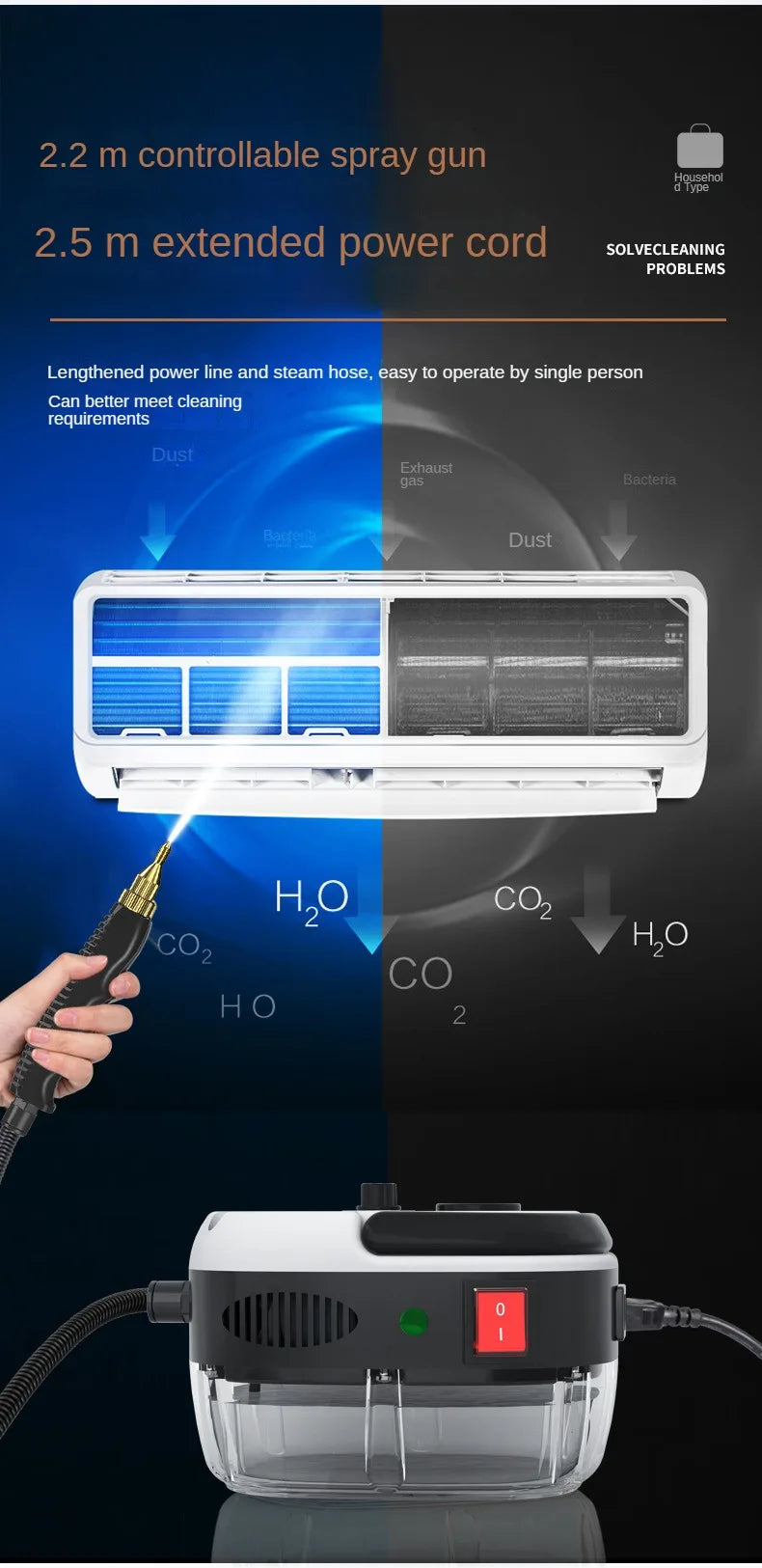 2500W Steam Cleaner High Temperature Pressurized Steam Cleaning Machine for Air Conditioning Hood Car Cleaner Home Appliance