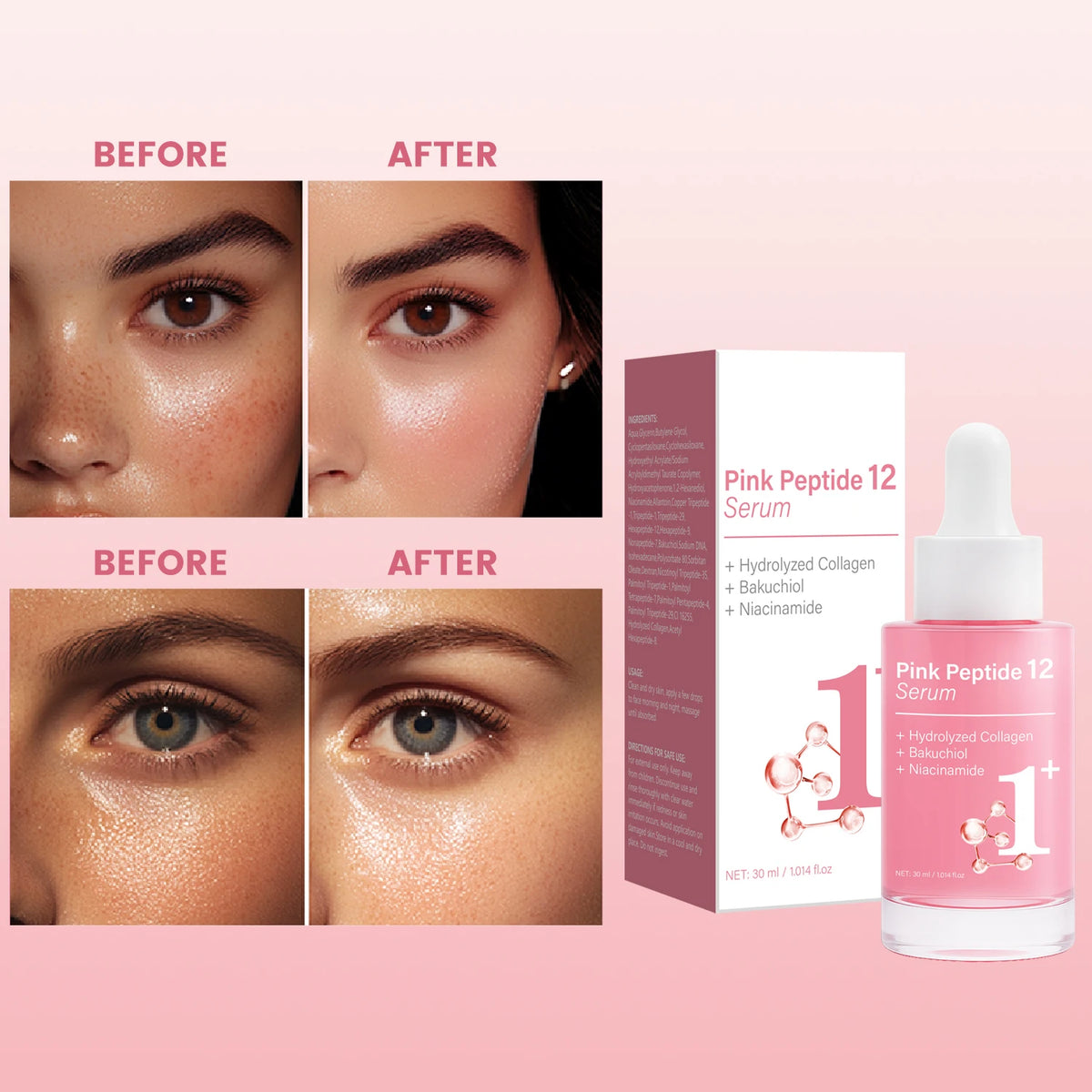Pink Peptide 12 Serum with Bakuchiol & Niacinamide - Anti Aging Face Serum for Women - Hydrating & Firming 30ml
