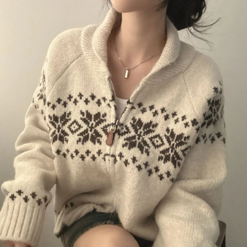 New Autumn Winter Women Fashion Elegant Knitwear Long Sleeve Sweater Fall Korean Style Casual Knitted Top Zipper Lapel Jacket