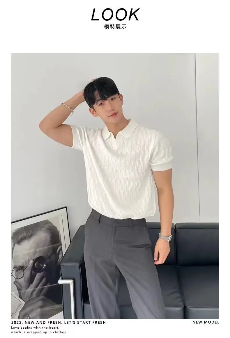 Trendy Polo Shirt for Men Summer Solid Color Top Versatile Knit Style Korean Short Sleeves Casual Fashion T-shirt
