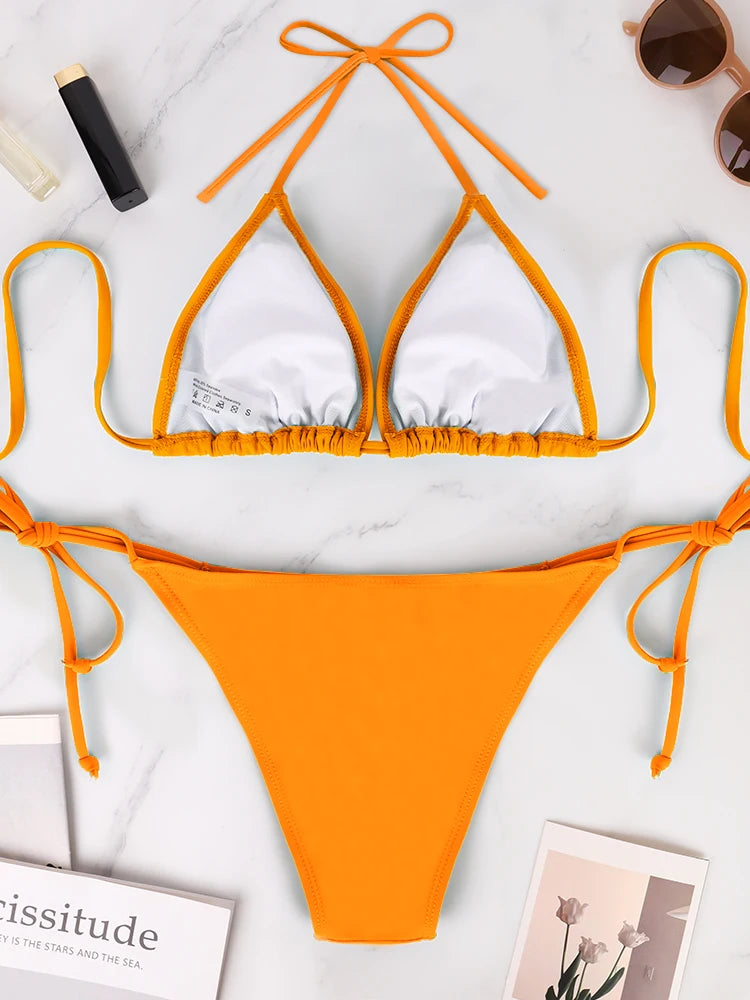Women's Sexy Bikini Set Summer Beach Vacation Style Solid Color Women's Hanging Neck Exposed Back Lace Up Bikini Swimsuit Suit