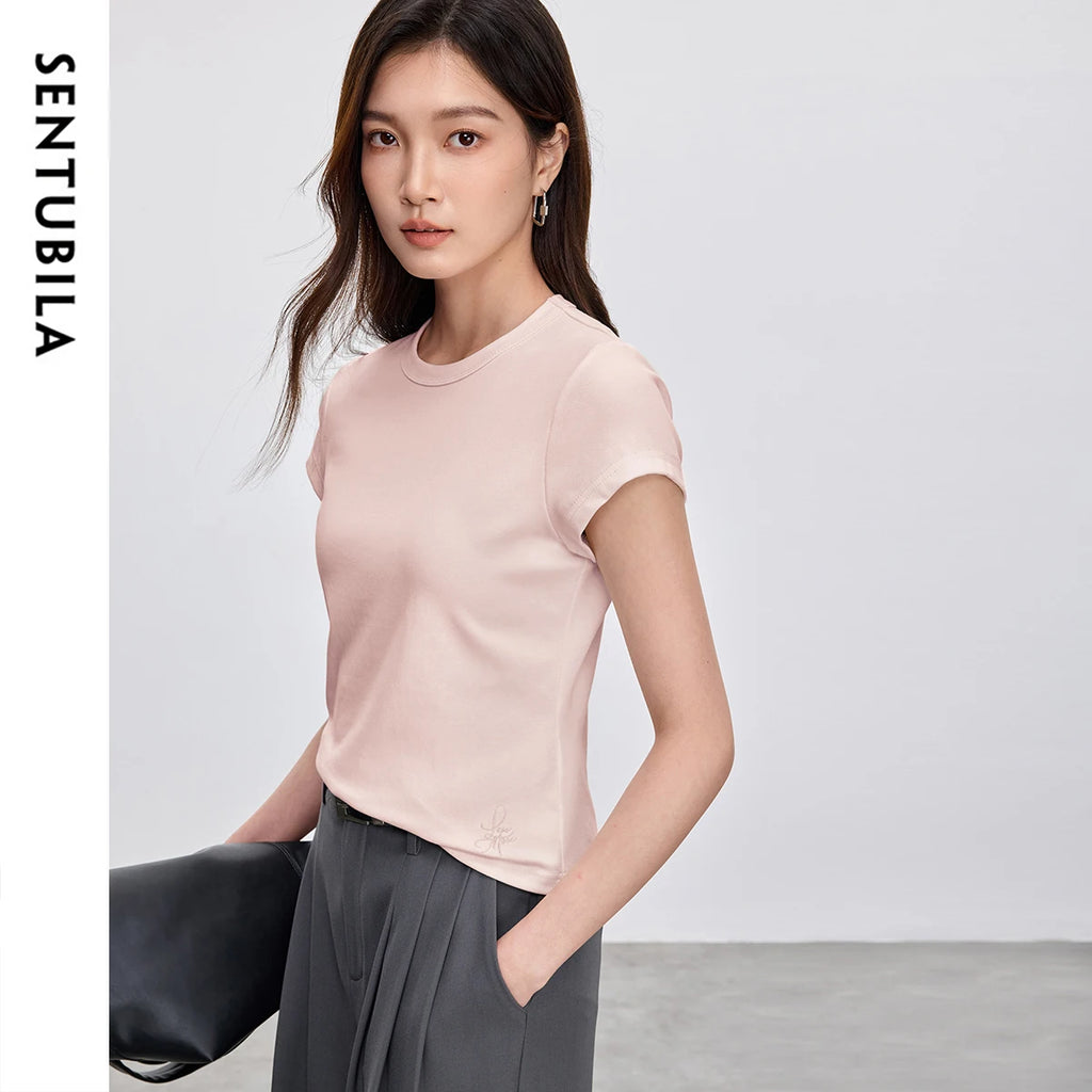 SENTUBILA Solid Color Women's T-shirt 2025 Spring Summer Fashion Embroidery Knit Basic Crewneck Short Sleeve Tops 152T59063
