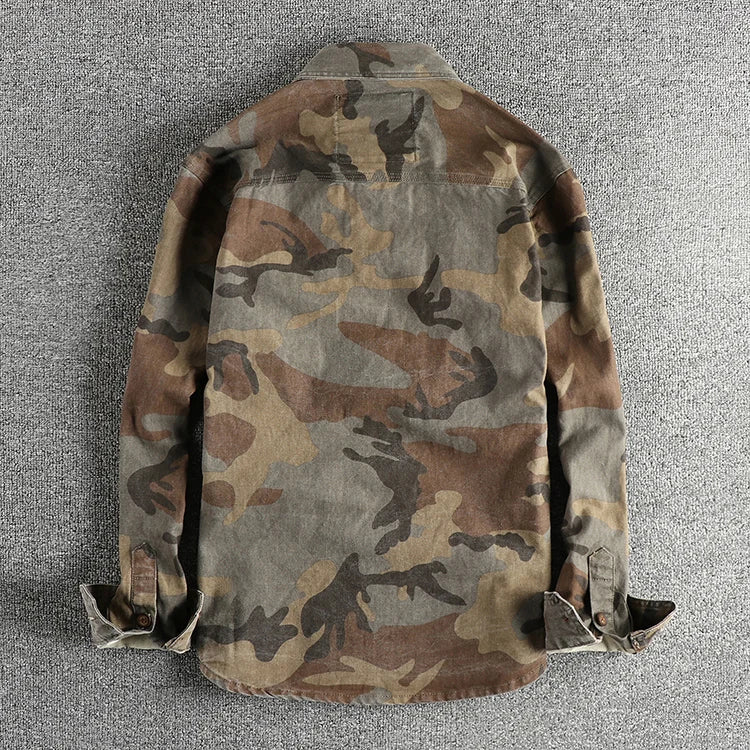 2024 Autumn and Winter New American Retro Woven Camouflage Cargo Shirt Men's 100% Cotton Washed Old Double Pockets Thin Jacket