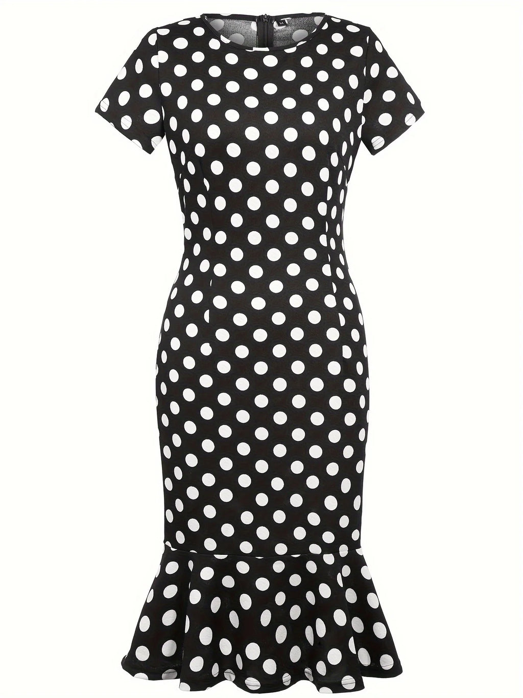 Women Vintage Slim Fitted Polka Summer Crew Neck Short Sleeve Ruffle Hem Knee Length Business Casual Midi Dress