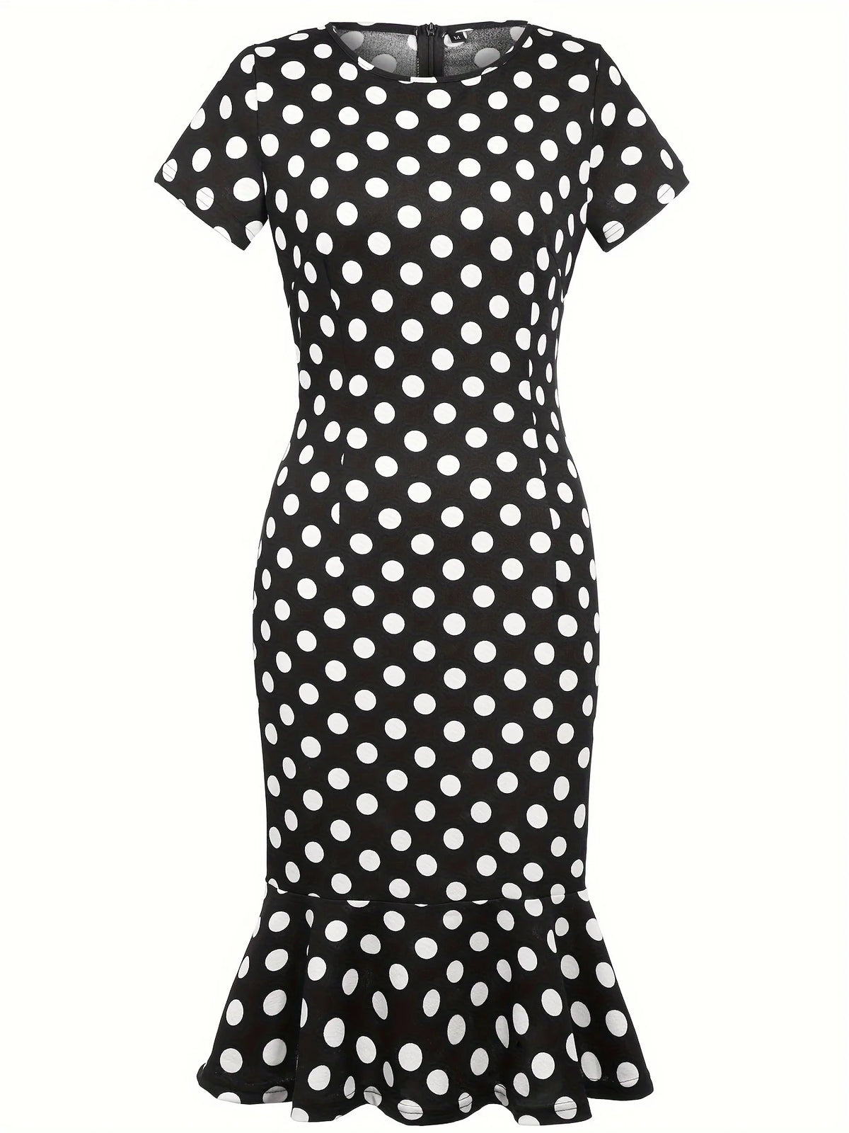 Women Vintage Slim Fitted Polka Summer Crew Neck Short Sleeve Ruffle Hem Knee Length Business Casual Midi Dress