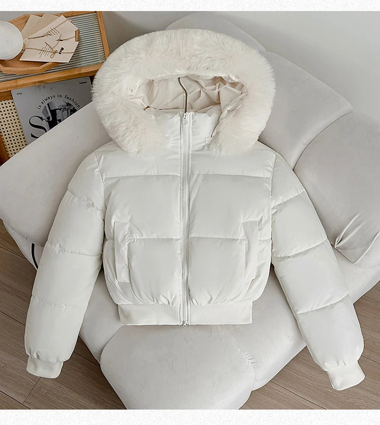 Women's Short Thickened Winter Cotton Jacket Quilted Coat Fur Collar American Retro Style Warm Casual Fashion Regular Fit