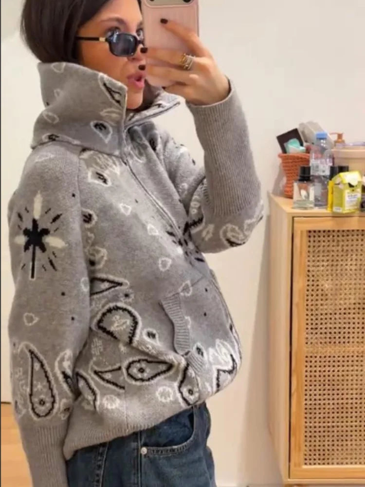Elegant Knitted Print Women's Cardigan Loose Full Sleeve Stand Collar Zipper Sweaters Female 2026 Autumn Outwear Pockets Lady