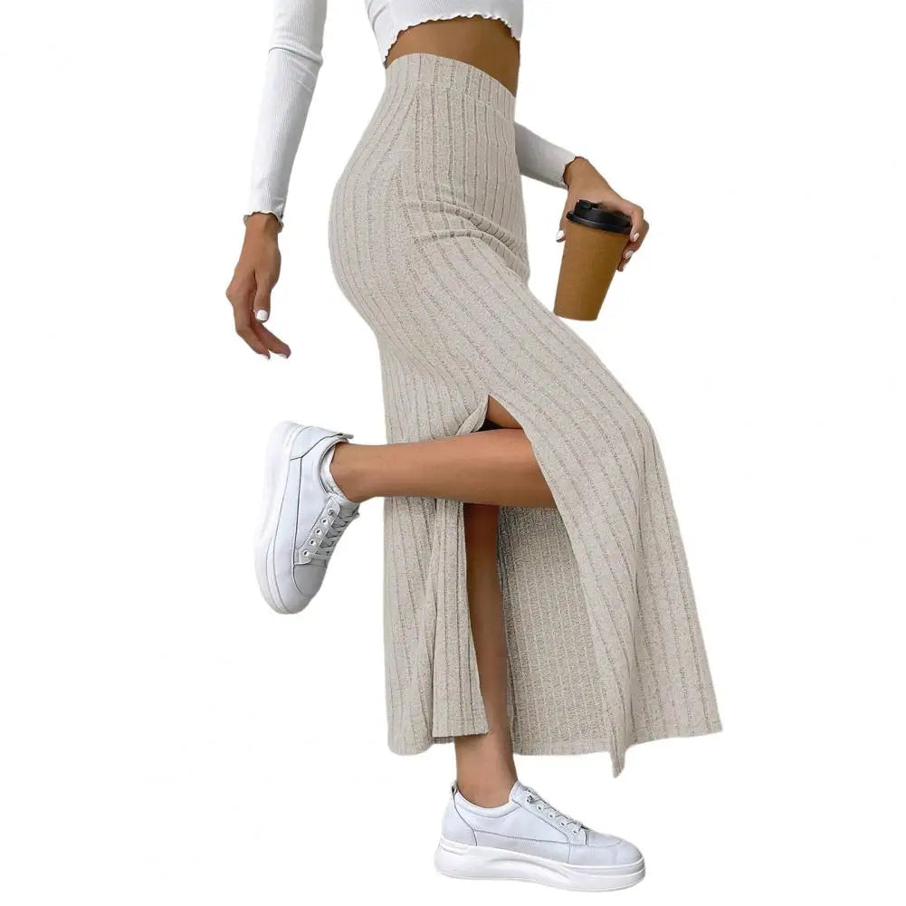 Long Skirt with Side Slits Breathable Maxi Skirt Elegant Ribbed Maxi Skirt with Side Slits High-waisted Solid Color for Autumn