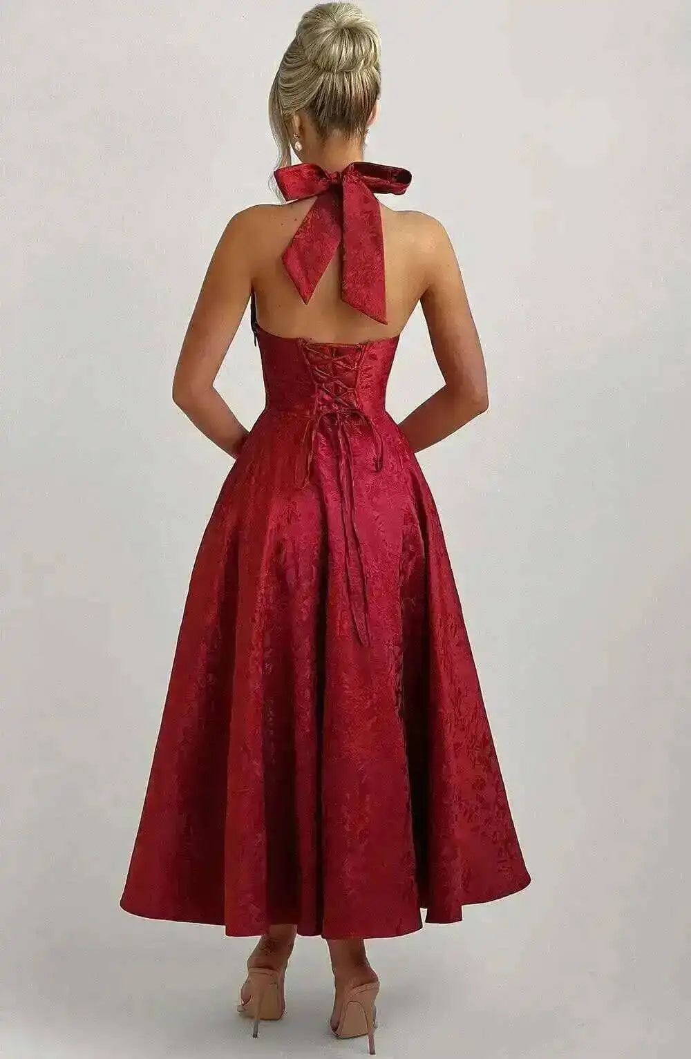Giyu Club Evening Party Dresses Women 2025 Summer Sexy Bow Halter Long Dress Elegant Jacquard Lace Up Backless Birthday Robe