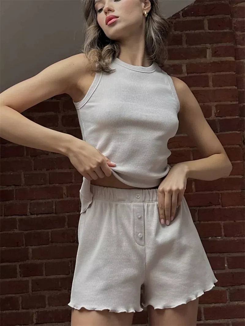 Casual Solid Ribbed Knit Lounge Set Womens Sleeveless Tank Top and Lettuce Hem Shorts Two Piece Summer Pajama Outfit Homewear