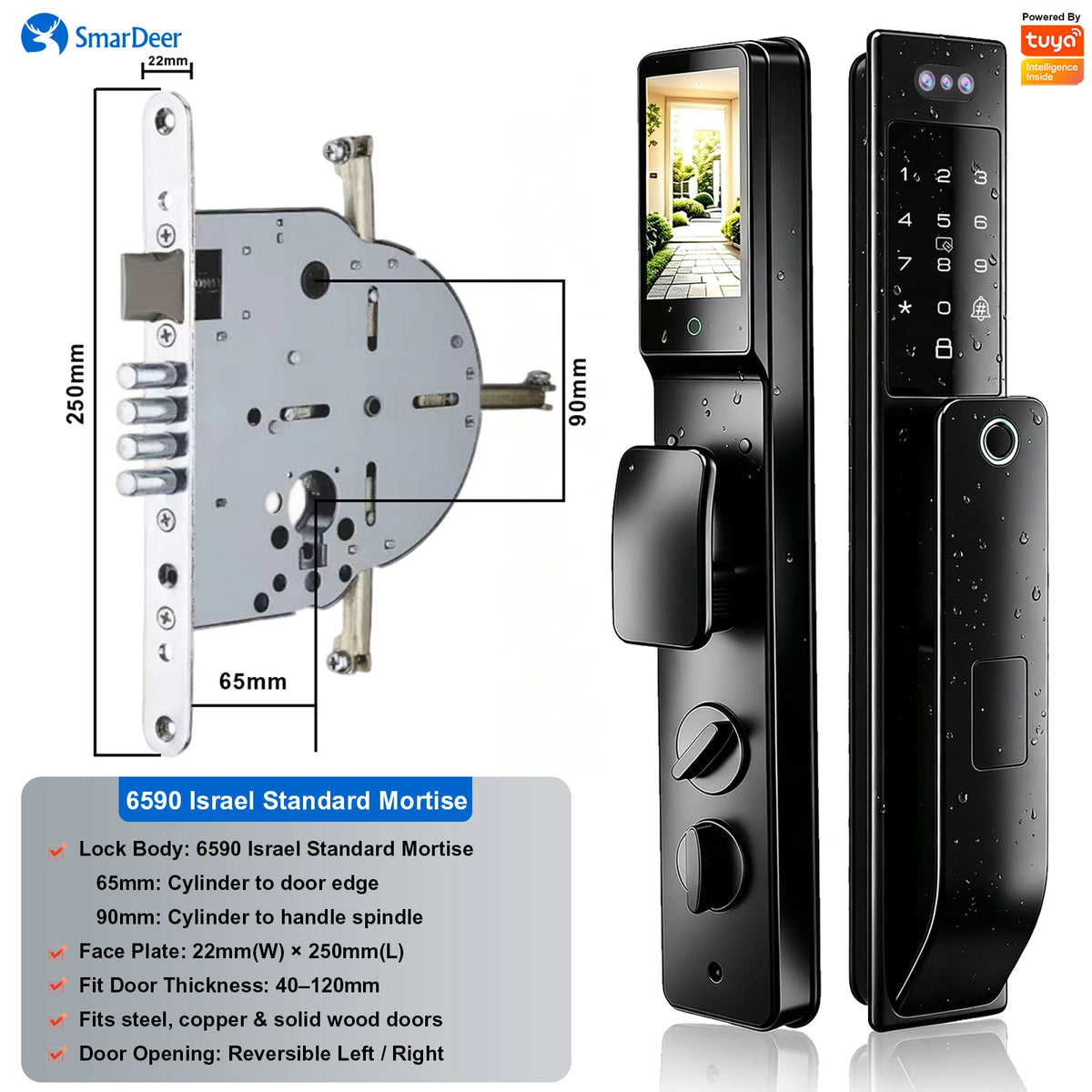 3D Face & Palm Vein Smart Door Lock, IP66 Waterproof Dual Biometric Lock, Fits Euro 6068/6085/5572 & Israel 6590 Lock Bodies