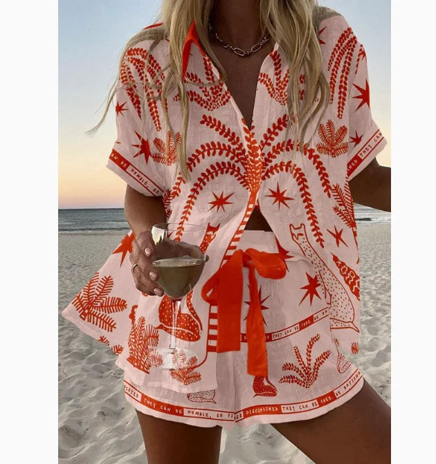 Fashion Print Beach Holiday 2 Piece Set Women Summer Short Sleeve Shirt Top Wide Legs Shorts Women's Oversize Two Piece Outfit