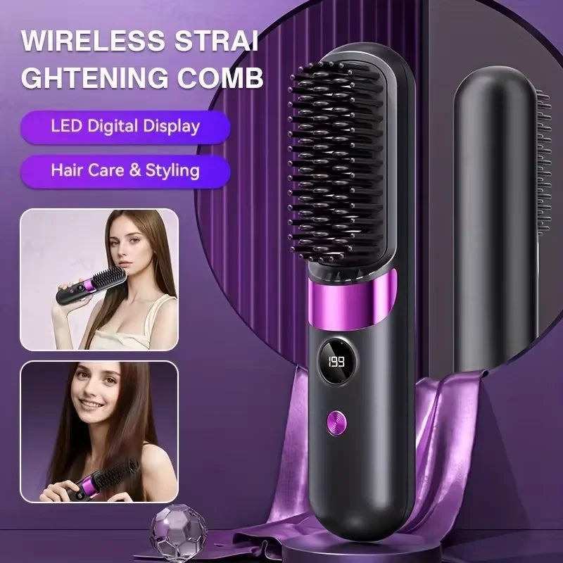 Portable Mini 2-in-1 Hair Straightener and Curler, Wireless USB Rechargeable, For Home & Travel Use, With LCD Display