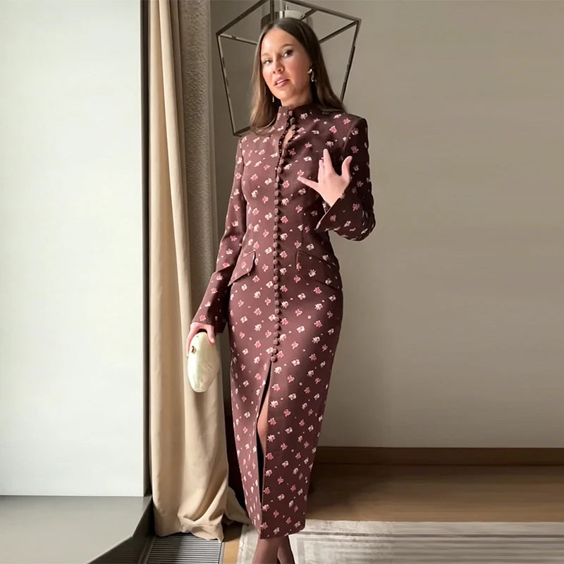 Trendy Floral Print High Neck Midi Dress For Women Chic Long Sleeve Button Front Sheath Dresses Office Party Commuting Clothes