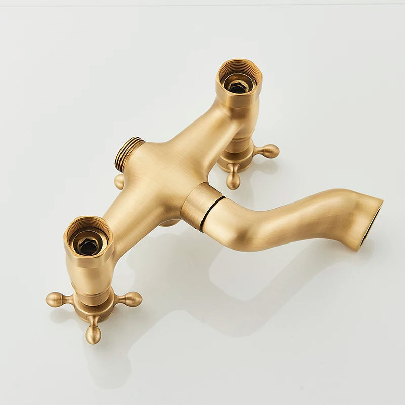 Antique Brass Shower Faucet Set Rainfall Head Shower with Handshower Wall Mount Dual Handle Mixer Bathroom Shower System